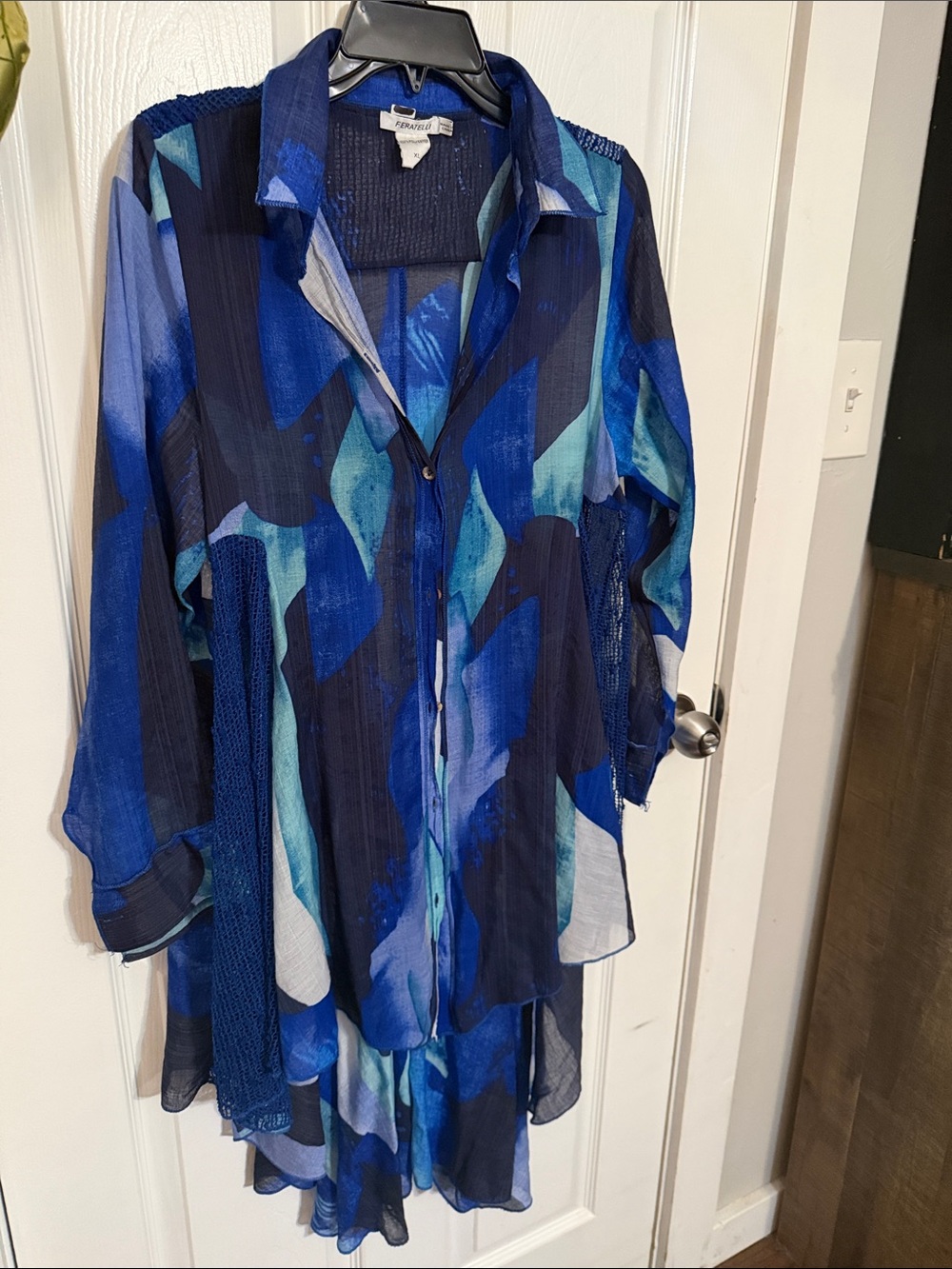 Blue Abstract Button-Front Sheer Tunic